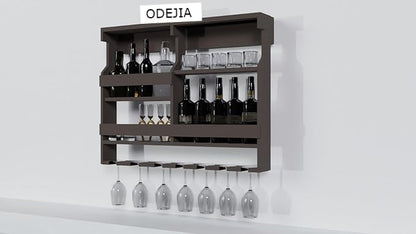 ODEJIA Wall-Mounted Wine Rack & Glass Holder – 30x24 Inch Walnut Mini Bar Cabinet