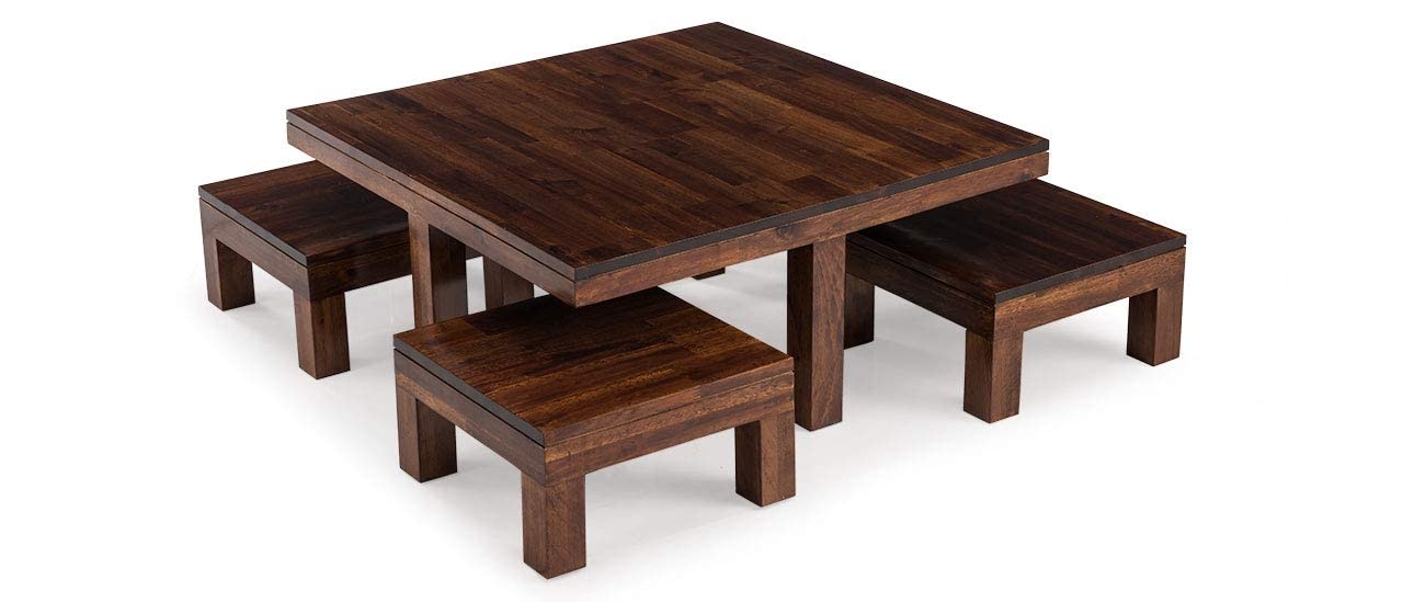 ODEJIA Vesta Beige Coffee Table with 4 Stools - Rustic Walnut Mahogany