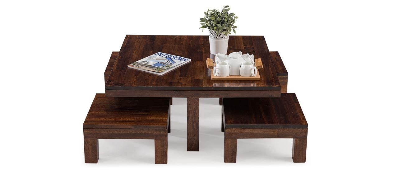 ODEJIA Vesta Beige Coffee Table with 4 Stools - Rustic Walnut Mahogany