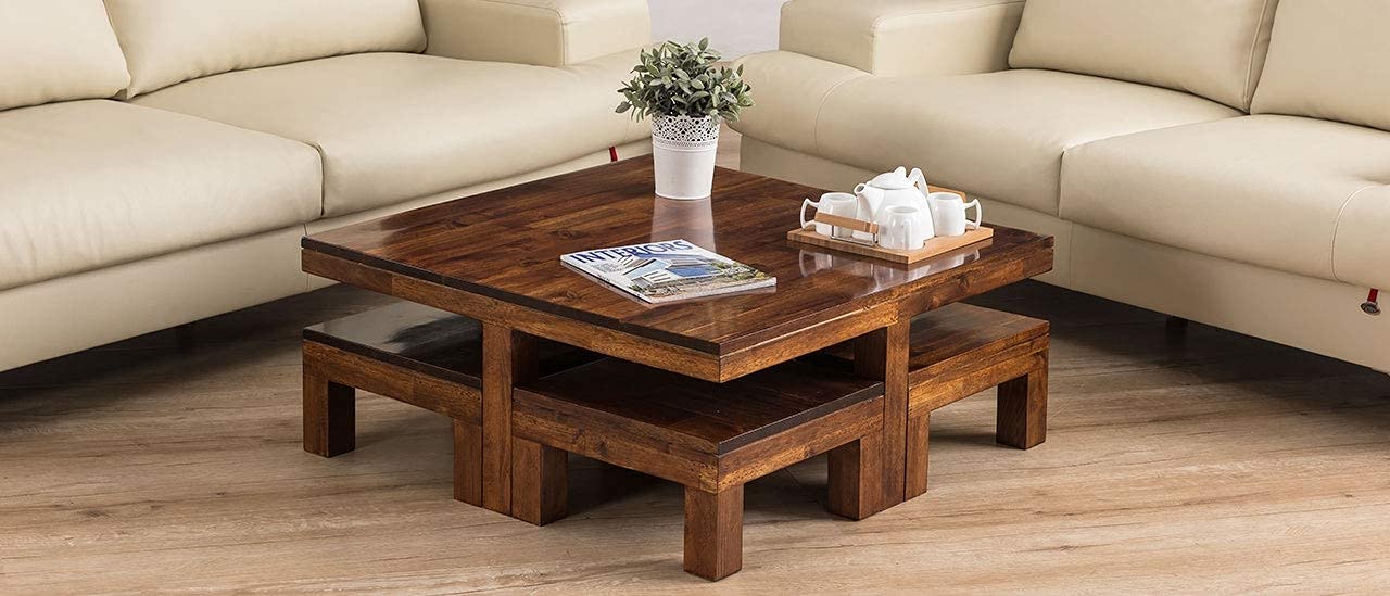 ODEJIA Vesta Beige Coffee Table with 4 Stools - Rustic Walnut Mahogany