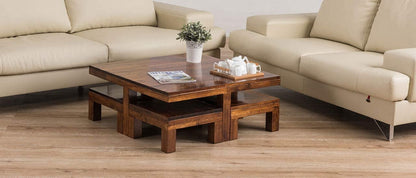 ODEJIA Vesta Beige Coffee Table with 4 Stools - Rustic Walnut Mahogany