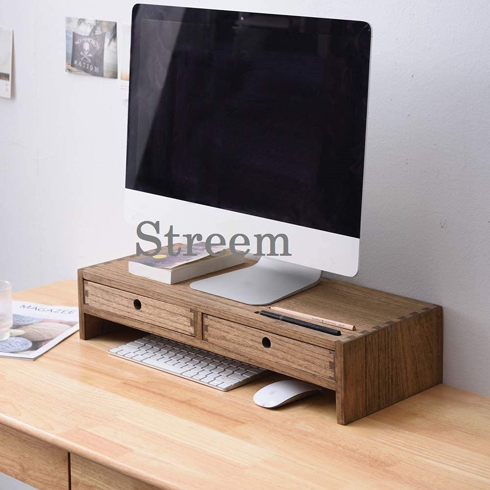 ODEJIA Wooden Computer Monitor Stand, Monitor Riser Desk Shelf Desktop Stand TV Laptop Riser with Keyboard Storage Desk (Walnut Finish)