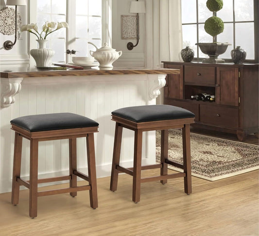 ODEJIA Solid Sheesham Bar Stools Set of 2 for Kitchen Counter Height Classic Barstools Faux Leather Farmhouse Upholstered Stools for 34"-38" Island, Black Cushion & Dark Brown Legs (Set of 2)