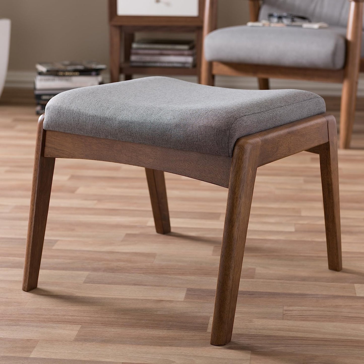 ODEJIA Walnut Wood Footstool - Grey Fabric Upholstered