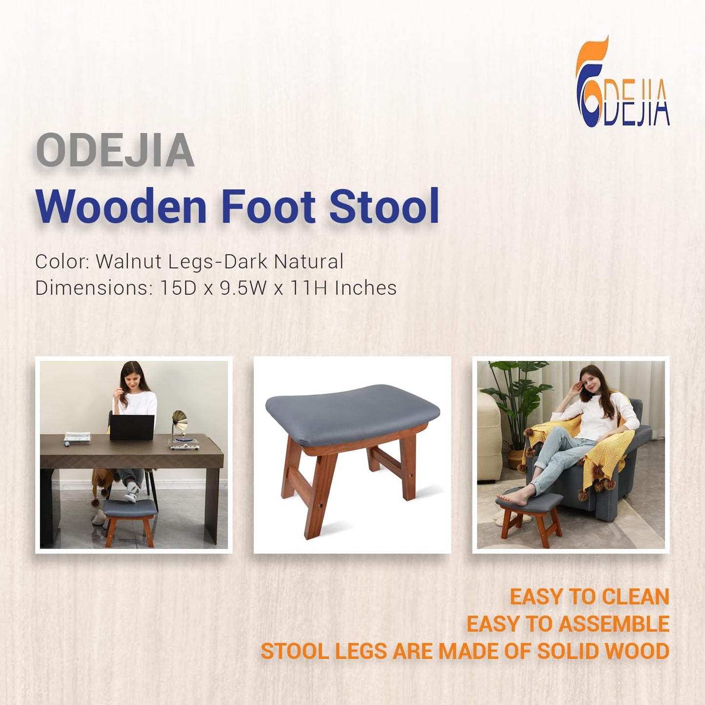 Odejia Foot Stool Ottoman For Living Room (Walnut Leg - Dark Grey) - 38.1 Cm,27.9 Cm - ODEJIAFootstool