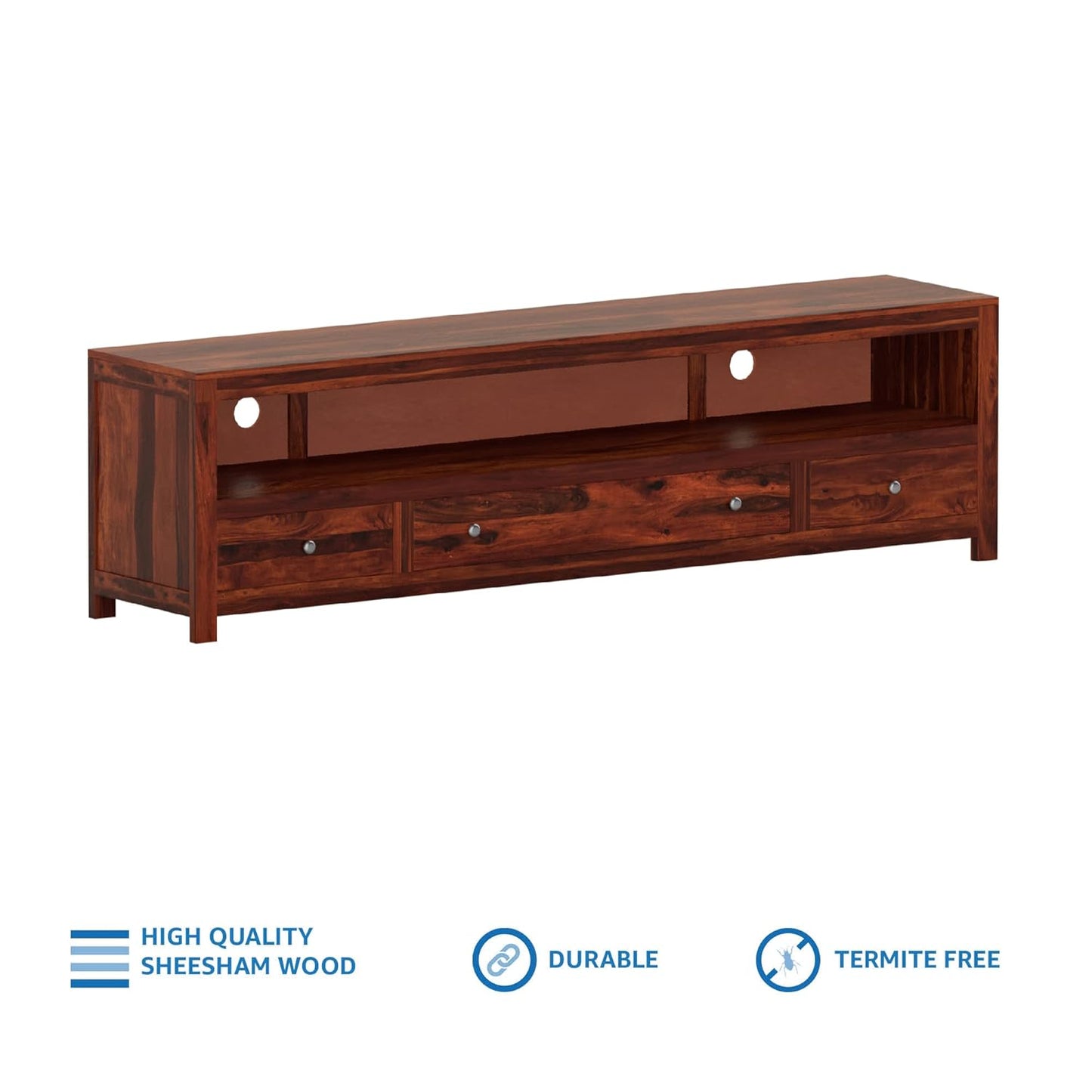 ODEJIA fueniture Carvve Sheesham Wood TV Cabinet, Honey Finish, 3 Drawers & 1 Open Shelf - ODEJIA Tv Unit