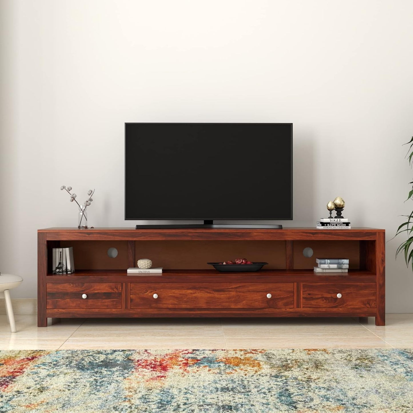 ODEJIA fueniture Carvve Sheesham Wood TV Cabinet, Honey Finish, 3 Drawers & 1 Open Shelf - ODEJIA Tv Unit