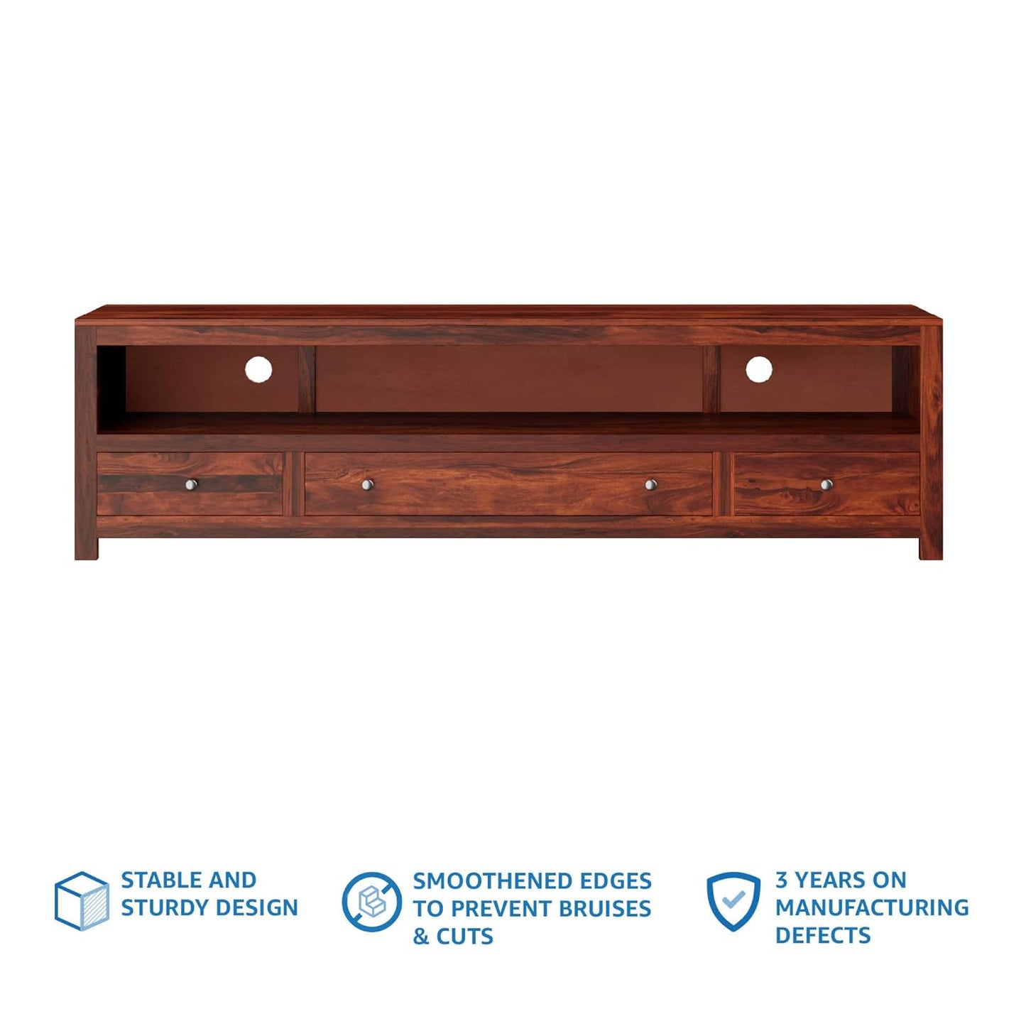 ODEJIA fueniture Carvve Sheesham Wood TV Cabinet, Honey Finish, 3 Drawers & 1 Open Shelf - ODEJIA Tv Unit