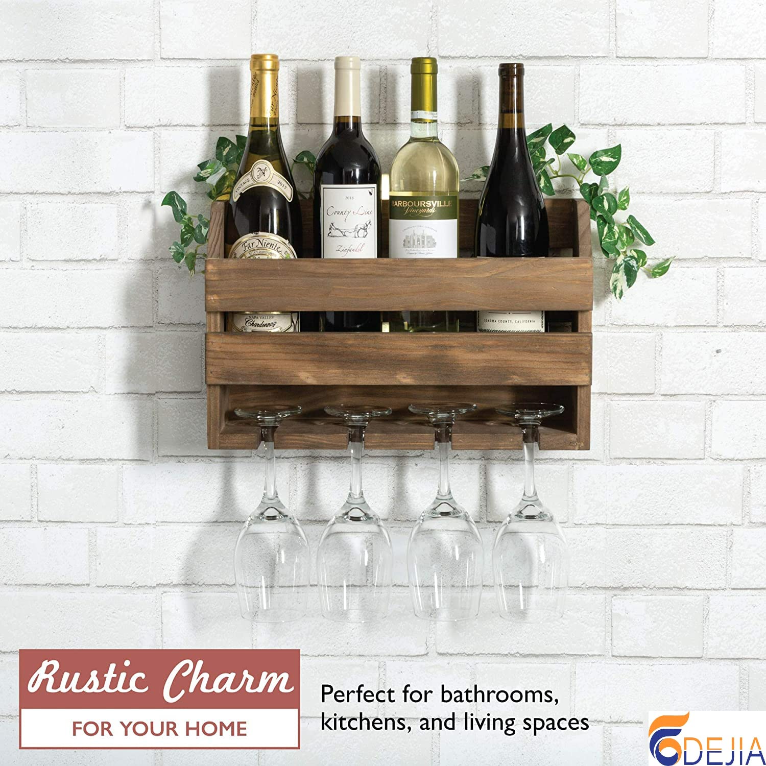 ODEJIA Rustic Wooden Wall - Mounted Wine Rack – Holds Bottles & 4 Glasses, Ideal for Home Bar & Kitchen - ODEJIA Bar Cabinet