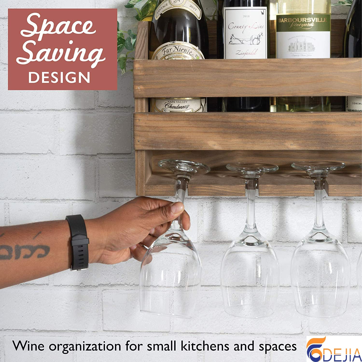 ODEJIA Rustic Wooden Wall - Mounted Wine Rack – Holds Bottles & 4 Glasses, Ideal for Home Bar & Kitchen - ODEJIA Bar Cabinet