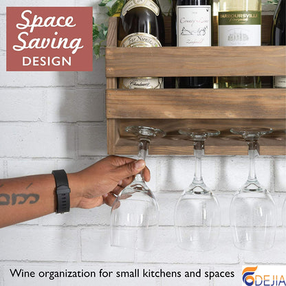 ODEJIA Rustic Wooden Wall - Mounted Wine Rack – Holds Bottles & 4 Glasses, Ideal for Home Bar & Kitchen - ODEJIA Bar Cabinet