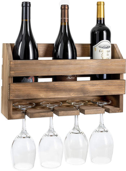 ODEJIA Rustic Wooden Wall - Mounted Wine Rack – Holds Bottles & 4 Glasses, Ideal for Home Bar & Kitchen - ODEJIA Bar Cabinet